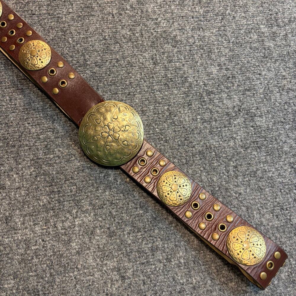 VTG WCM Brown Leather Concho Belt Brass Medallion Studded Bohemian Western Boho